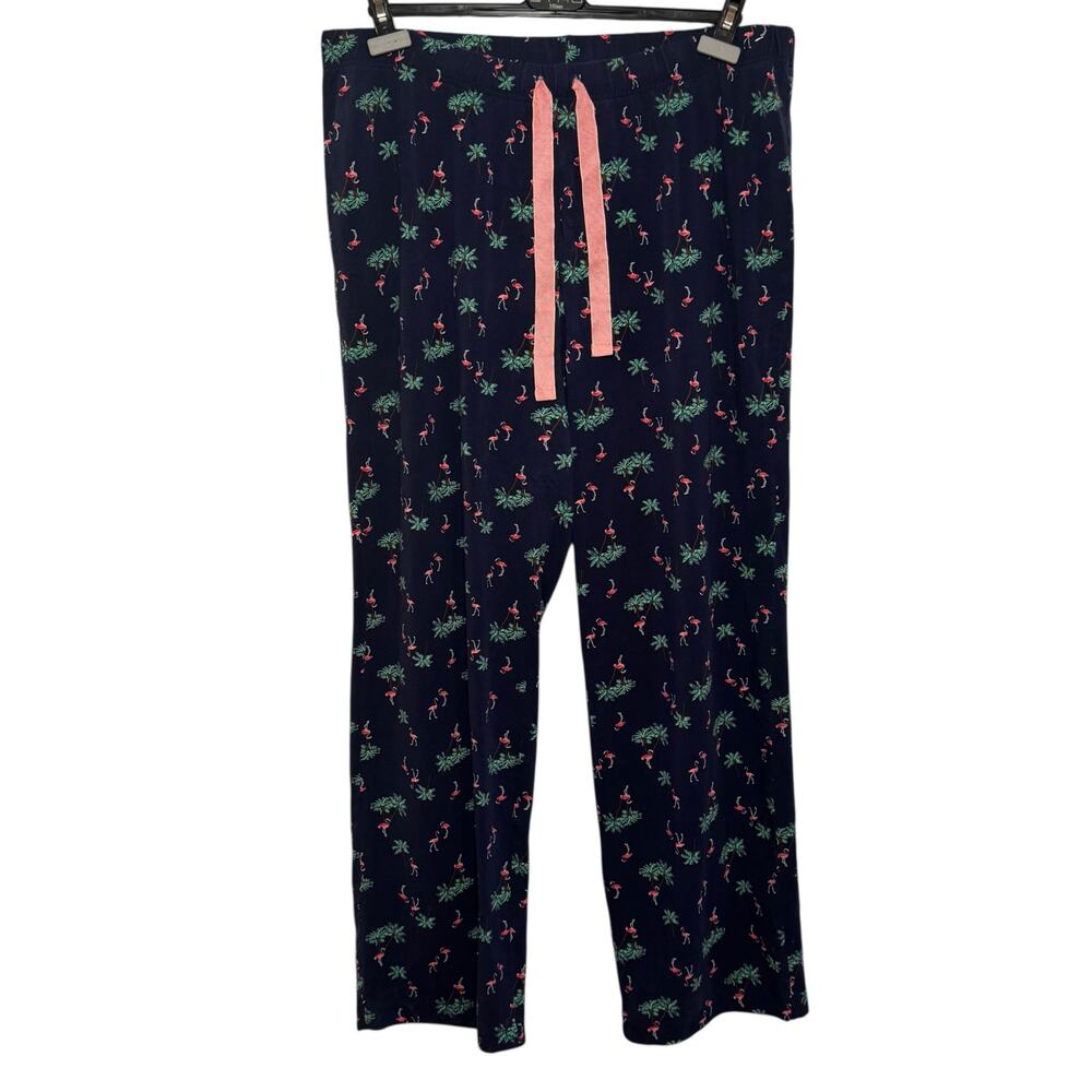Lands End Flamingo Palm Tree Print Blue Cotton Blend Pajama Pants Size Large